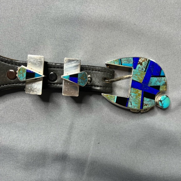 Vintage Navajo Yazzie Sterling silver turquoise & lapis belt caballo leather - Picture 14 of 16